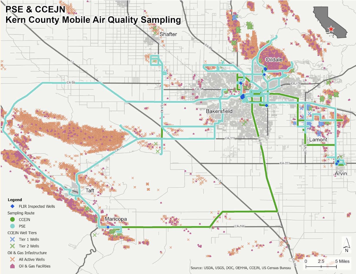 Map of kern county that includes sites of oil and gas infrastructure. 